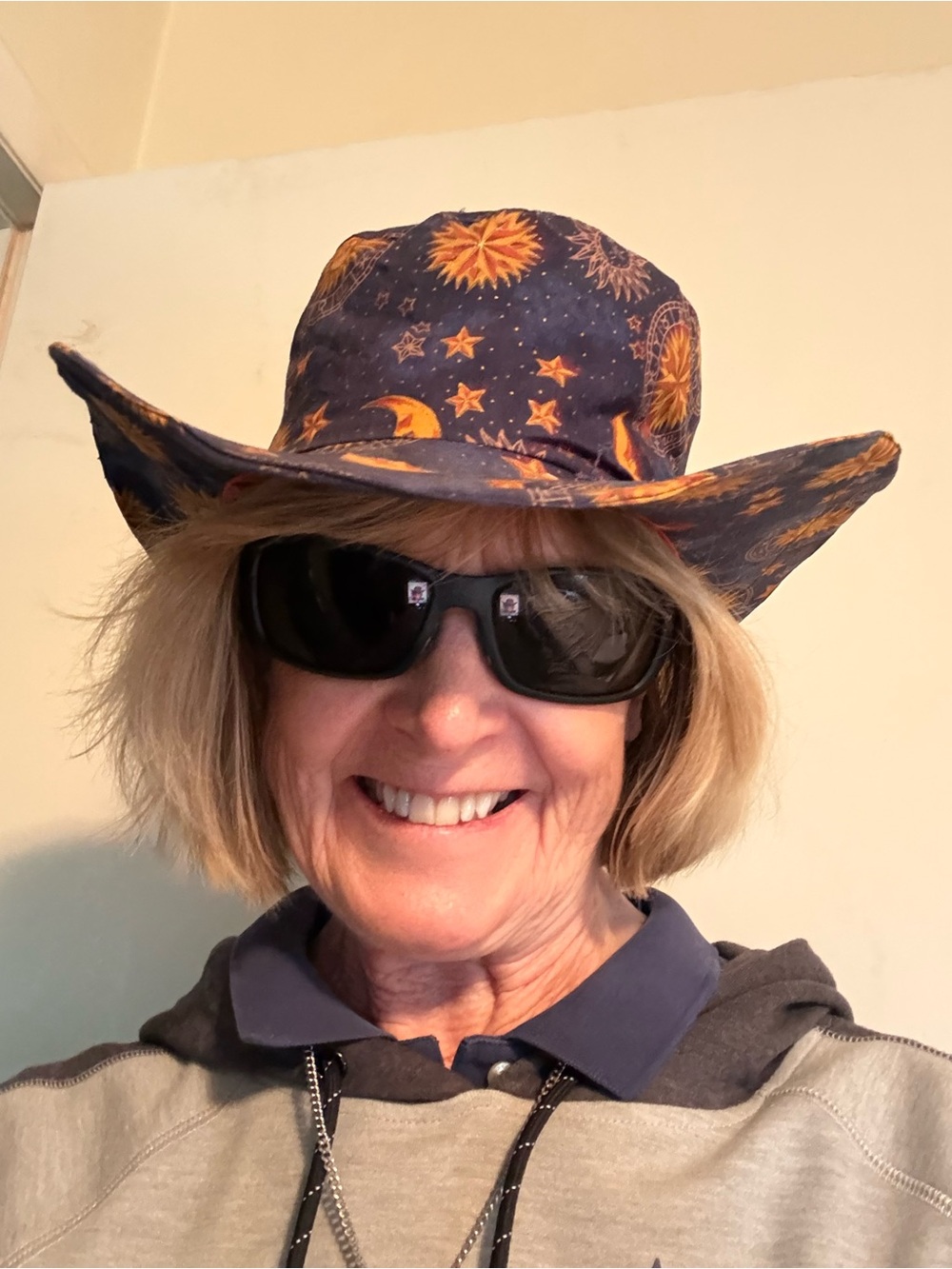Celestial Sun & Moon Print Cowboy Hat - Navy and Gold